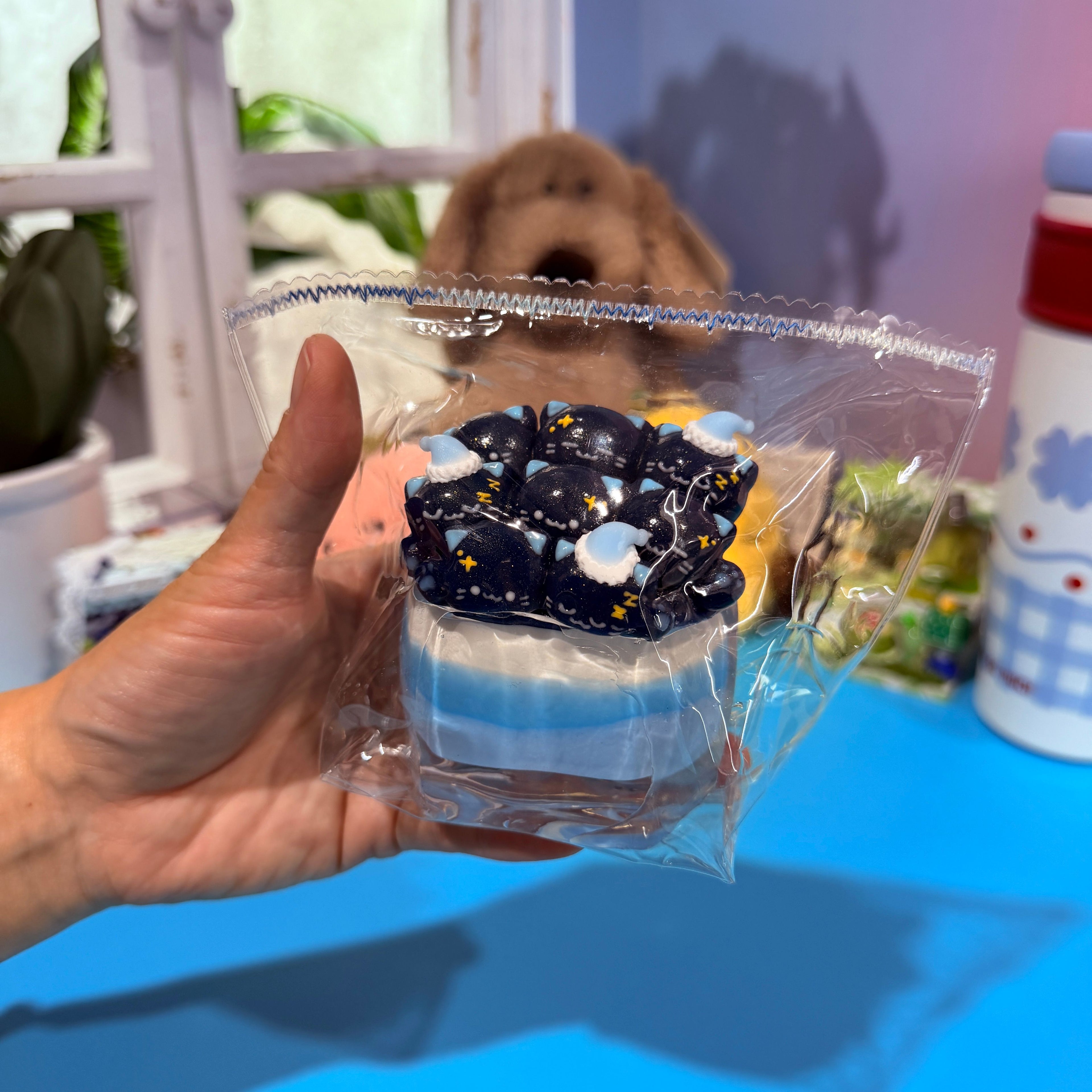 Blue Good Night Cat Cup Taba Squishy Toy Sleepy Kawaii Squishy